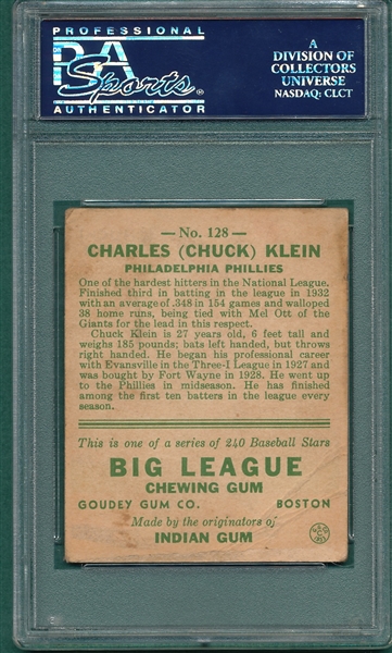 1933 Goudey #128 Chuck Klein PSA 2