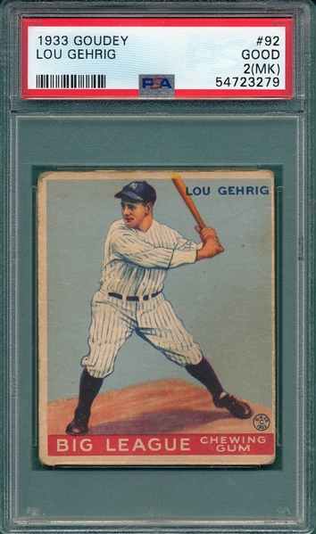 1933 Goudey #92 Lou Gehrig PSA 2 (MK)