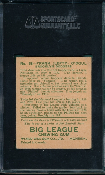 1933 World Wide Gum #58 Lefty O'Doul SGC 40