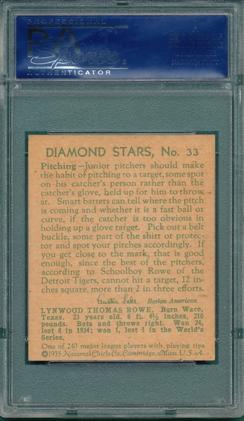 1934-36 Diamond Stars #33 Schoolboy Rowe PSA 7