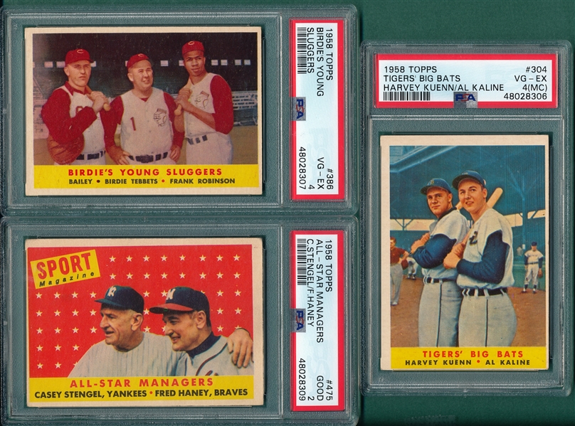 1958 Topps #304 Tigers/Kaline, #386 Birdies/F. Robinson & #475 AS Managers, Lot of (3) PSA