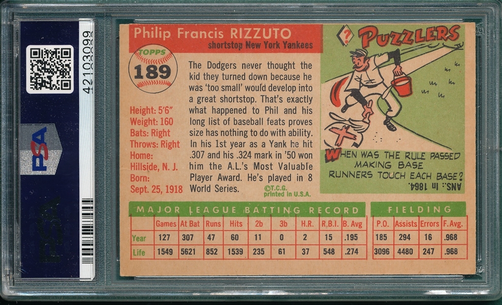 1955 Topps #189 Phil Rizzuto PSA 4 (MC) *Hi #*