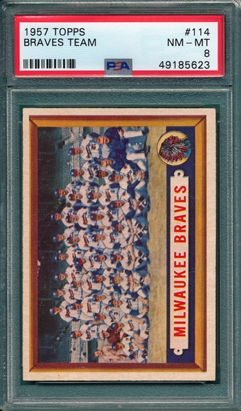 1957 Topps #114 Braves Team PSA 8