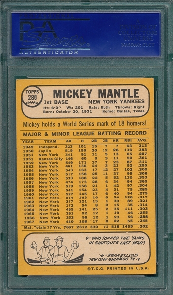 1968 Topps #280 Mickey Mantle PSA 5 