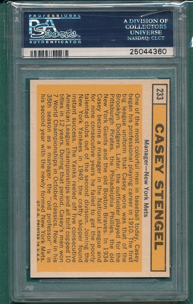 1963 Topps #233 Casey Stengel PSA 8