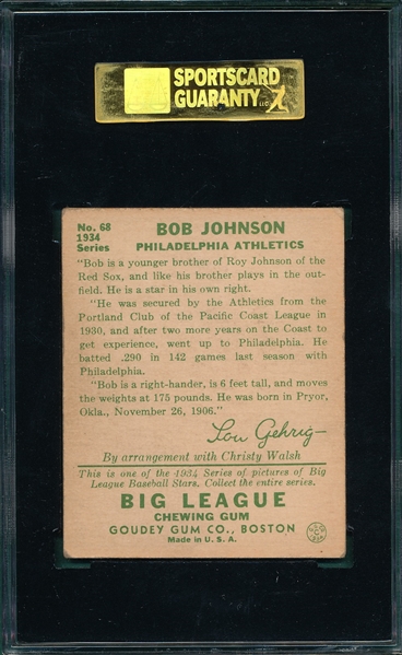 1934 Goudey #68 Bob Johnson SGC 60