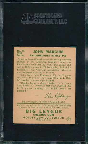 1934 Goudey #69 John Marcum SGC 60