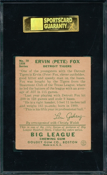 1934 Goudey #70 Ervin Fox SGC 60