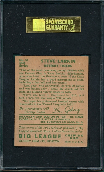 1934 Goudey #92 Steve Larkin SGC 60 *Hi #*