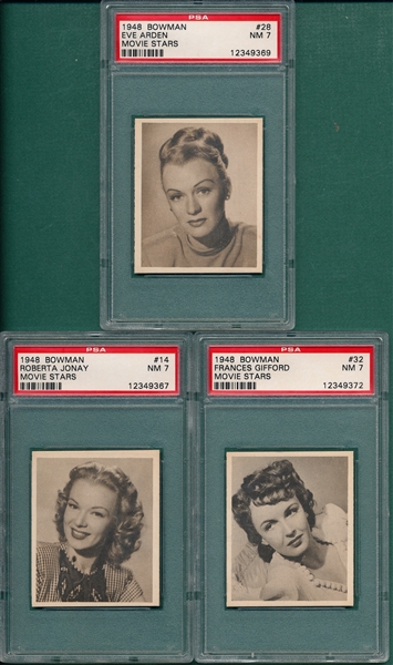 1948 Bowman Movie Stars Lot of (3) W/ Eve Arden PSA 7