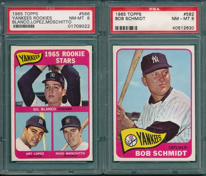 1965 Topps #566 Yankees Rookies & #582 Schmidt, Lot of (2), PSA 8 *SP*