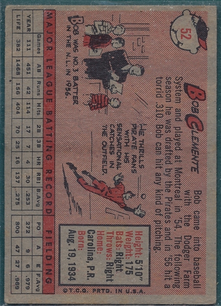 1958 Topps #52 Bob Clemente