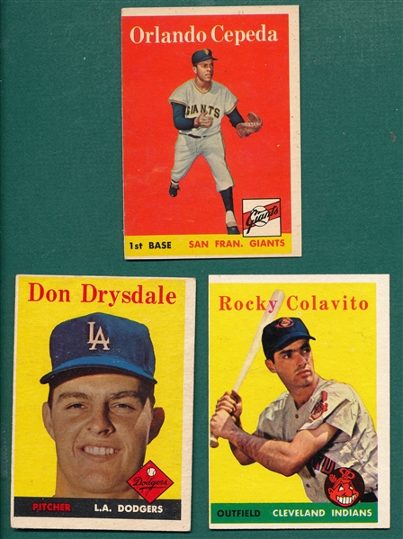 1958 Topps #25 Drysdale, #368 Colavito & #43 Cepeda, Rookie, Lot of (3)