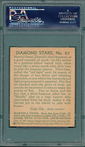 1934-36 Diamond Stars #67 Marvin Owen PSA 7 