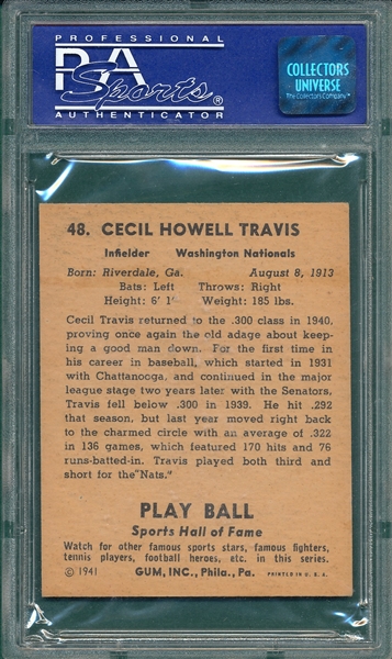 1941 Play Ball #48 Cecil Travis PSA 8