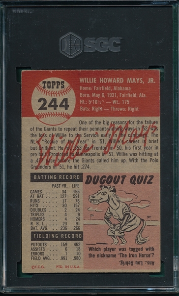 1953 Topps #244 Willie Mays SGC 3 *Hi #* *SP*