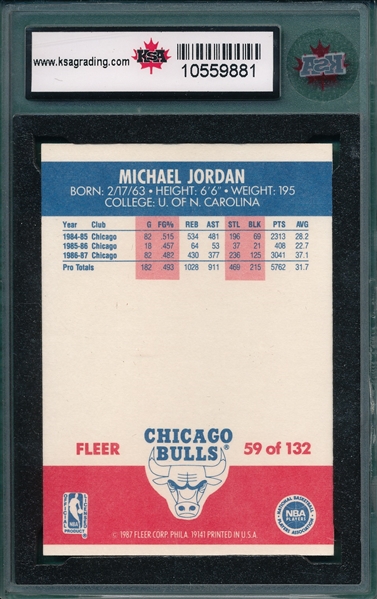 1987 Fleer BSKT #59 Michael Jordan, KSA 8.5