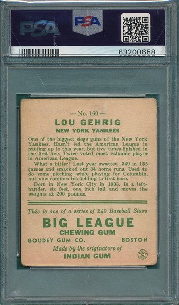 1933 Goudey #160 Lou Gehrig PSA 2 *Crease Free*