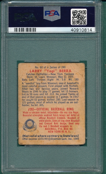 1949 Bowman #60 Yogi Berra, Signed, PSA/DNA Authentic Auto 9 