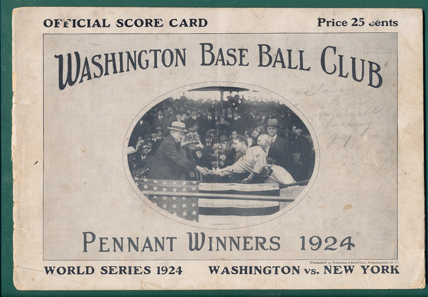 1924 Senators World Series Score Card W/ Walter Johnson