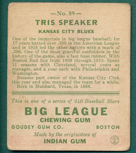 1933 Goudey #89 Tris Speaker