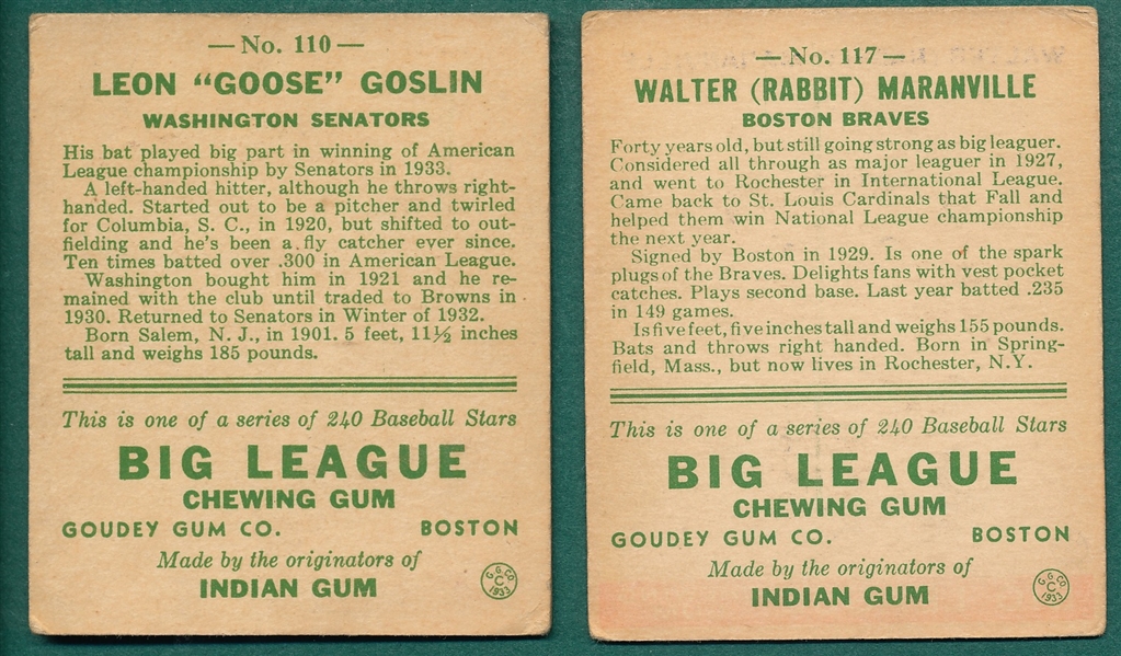 1933 Goudey #110 Goslin & #117 Maranville, Lot of (2)