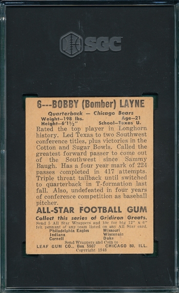1948 Leaf Football #6 Bobby Layne SGC 4 *Rookie*