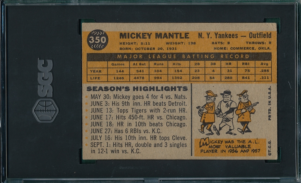 1960 Topps #350 Mickey Mantle SGC 3