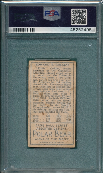 1911 T205 Collins, Eddie, Open Mouth, Polar Bear PSA 3