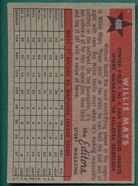 1958 Topps #486 Willie Mays, All Star