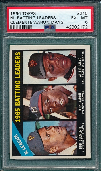 1966 Topps #215 NL Batting Leaders W/ Clemente, Aaron & Mays PSA 6