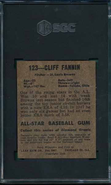 1948 Leaf #123 Cliff Fannin SGC Authentic *SP*