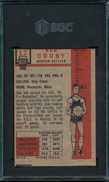1957 Topps #17 Bob Cousy SGC 1 *Rookie*