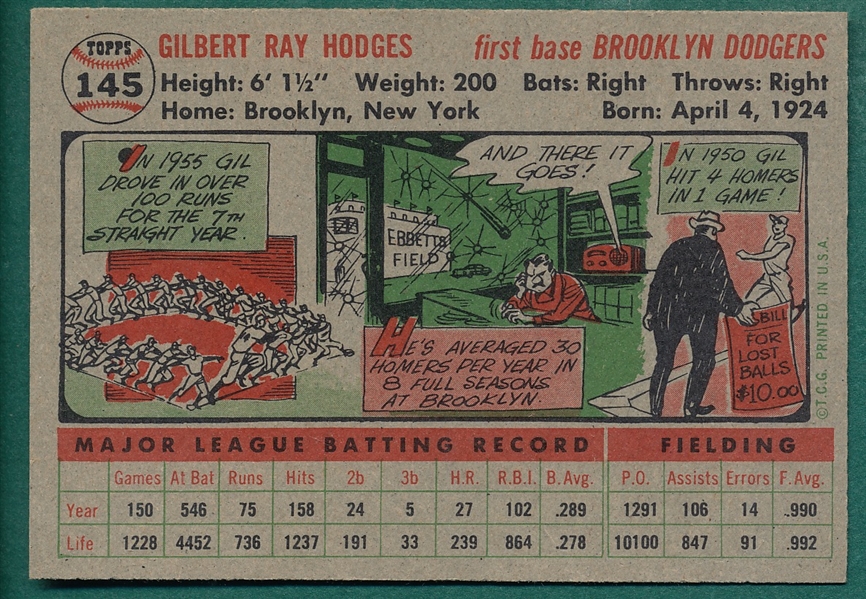 1956 Topps #145 Gil Hodges *Gray*