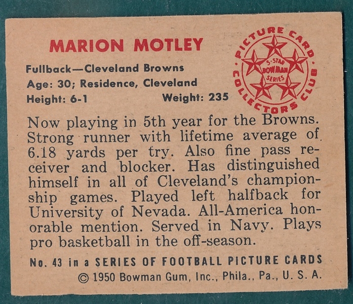 1950 Bowman Football #43 Marion Motley *Rookie*