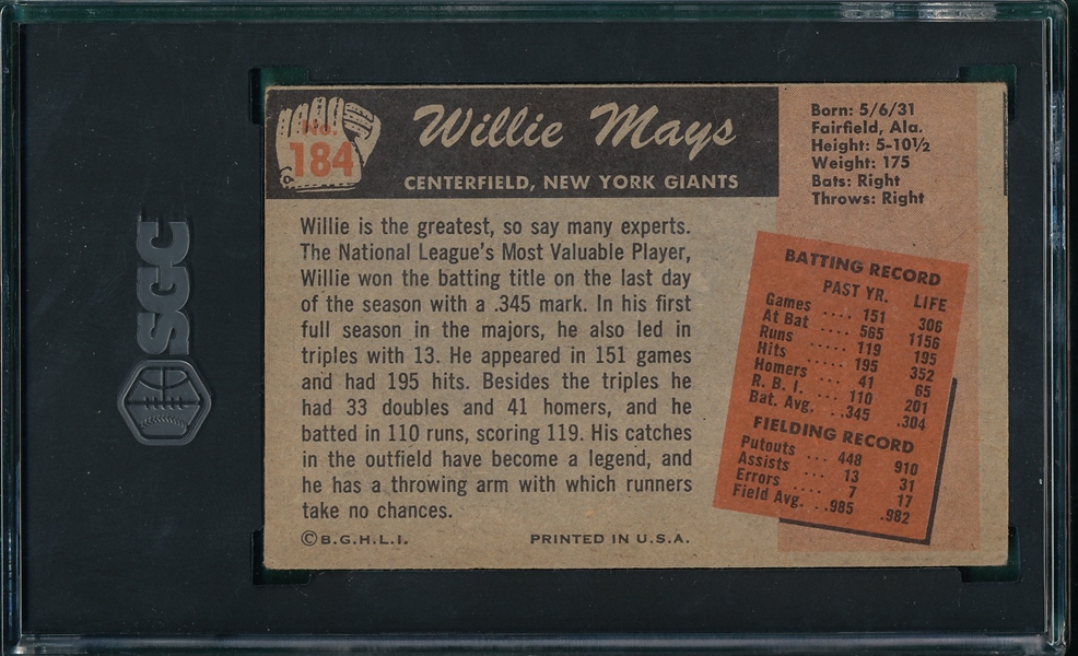 1955 Bowman #184 Willie Mays SGC 3.5