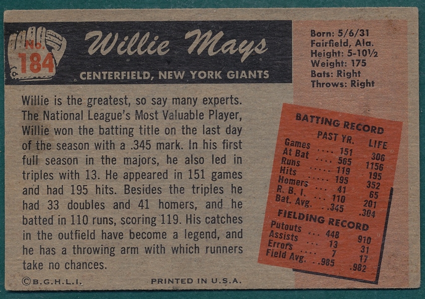 1955 Bowman #184 Willie Mays
