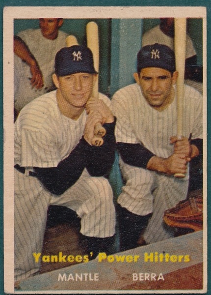 1957 Topps #407 Yankees Power Hitters W/ Berra & Mantle 