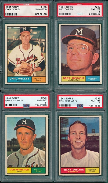 1961 Topps Lot of (4) Braves W/ #105 Willey PSA 8