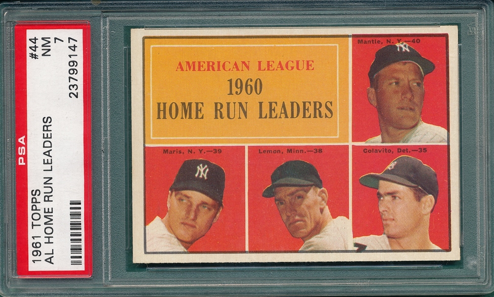 1961 Topps #44 AL Home Run Leaders W/ Maris & Mantle PSA 7