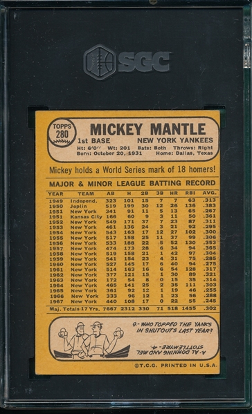 1968 Topps #280 Mickey Mantle SGC 3