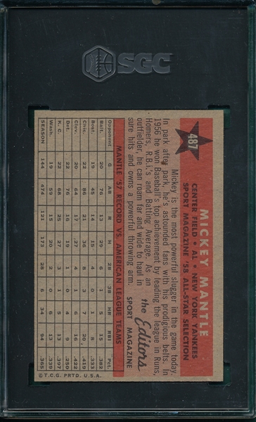 1958 Topps #487 Mickey Mantle, AS, SGC 5