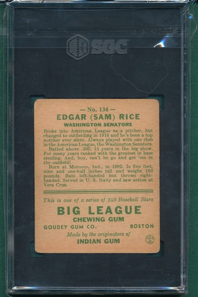 1933 Goudey #134 Sam Rice SGC 1.5