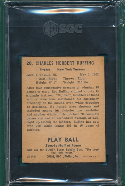 1941 Play Ball #20 Red Ruffing SGC 2