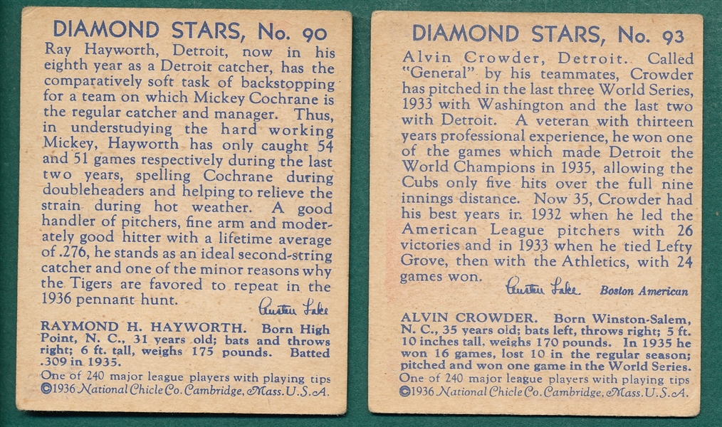 1934-36 Diamond Star #90 Hayworth & #93 Crowder, Lot of (2) 