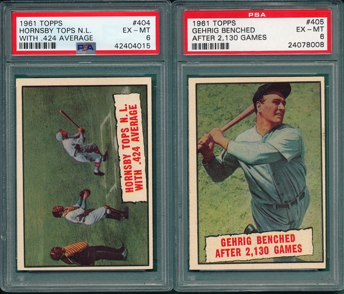 1961 Topps #404 Hornsby & #405 Gehrig, Lot of (2) PSA 6