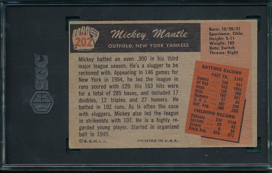 1955 Bowman #202 Mickey Mantle SGC 2