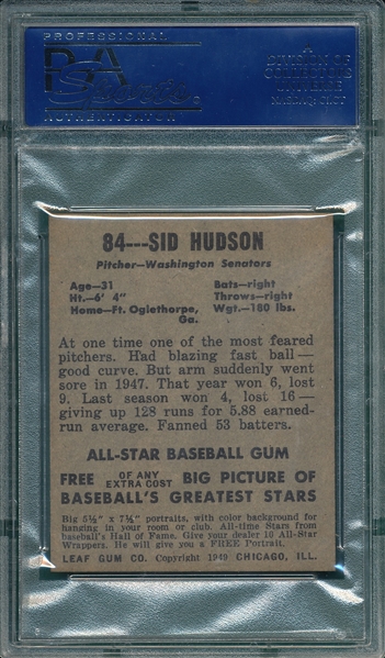1948 Leaf #84 Sid Hudson PSA 8
