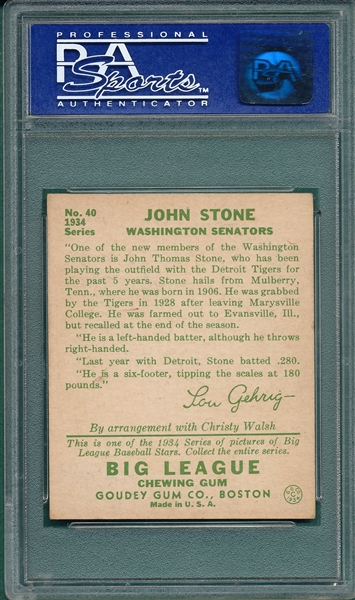 1934 Goudey #40 John Stone PSA 7