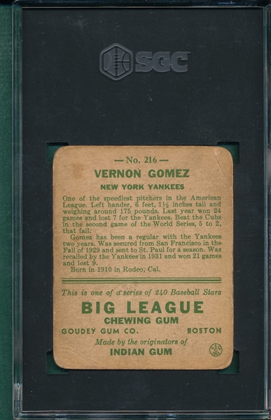 1933 Goudey #216 Vernon Gomez SGC 1 
